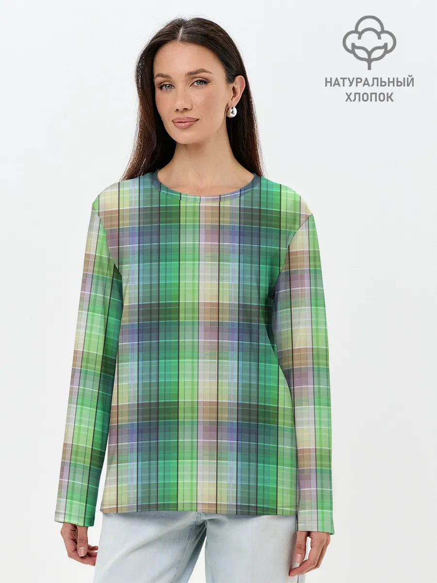 Лонгслив женский. Хлопок / Зеленый клетчатый узор