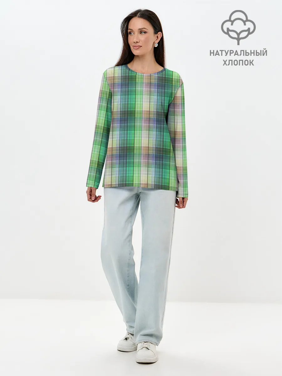 Лонгслив женский. Хлопок / Зеленый клетчатый узор