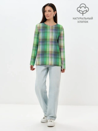 Лонгслив женский. Хлопок / Зеленый клетчатый узор
