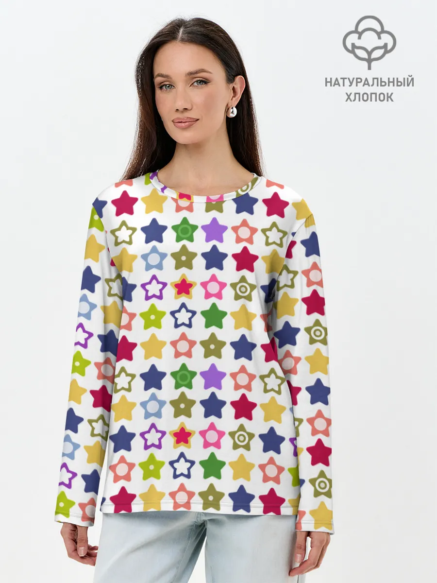 Лонгслив женский. Хлопок / Разноцветные звездочки