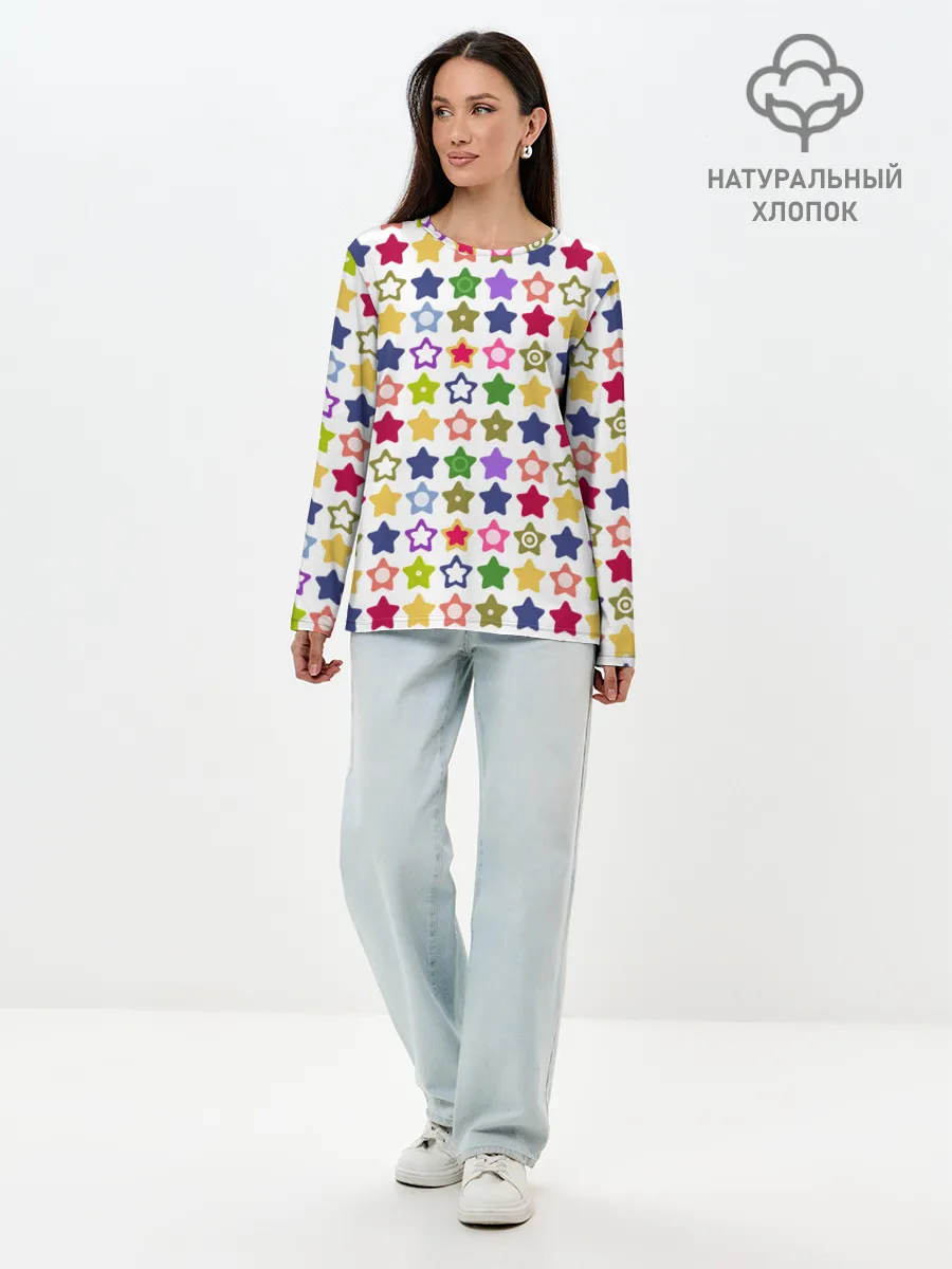 Лонгслив женский. Хлопок / Разноцветные звездочки