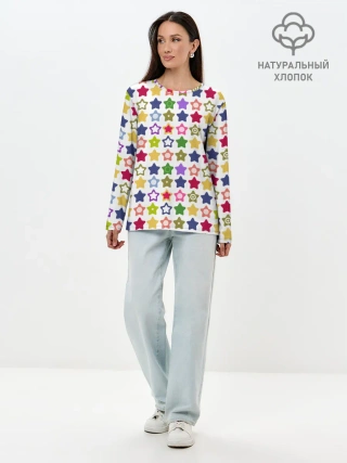 Лонгслив женский. Хлопок / Разноцветные звездочки