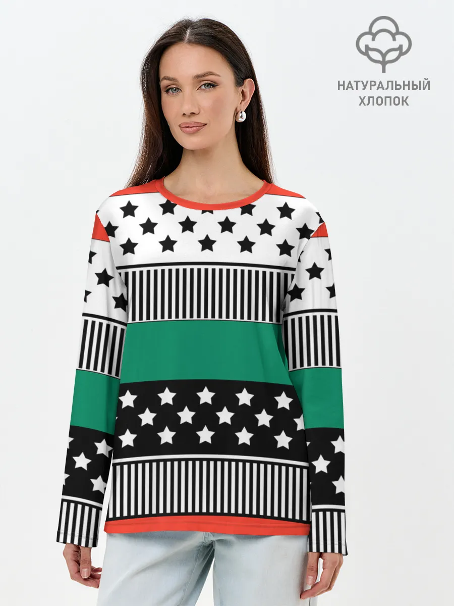 Лонгслив женский. Хлопок / Полосатый звездный узор