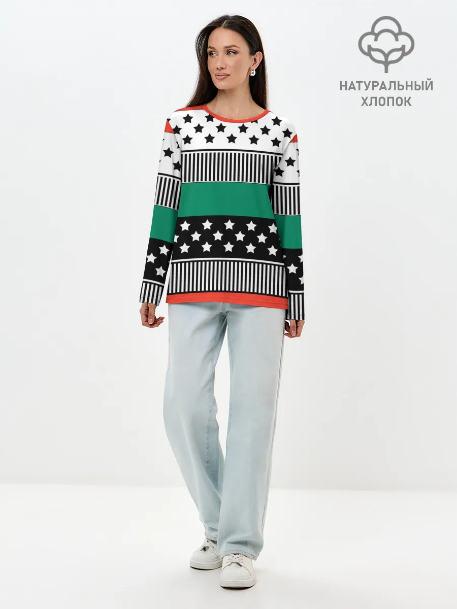 Лонгслив женский. Хлопок / Полосатый звездный узор