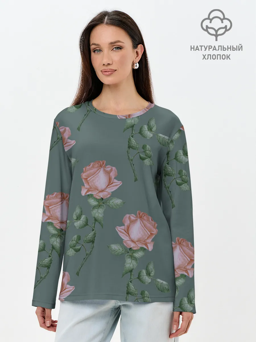 Лонгслив женский. Хлопок / Красные розы на зеленом фоне