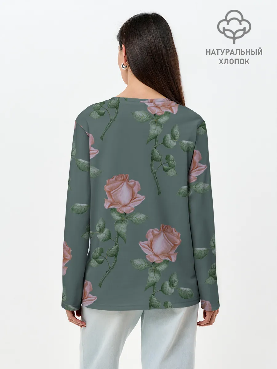 Лонгслив женский. Хлопок / Красные розы на зеленом фоне