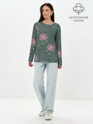 Лонгслив женский. Хлопок / Красные розы на зеленом фоне