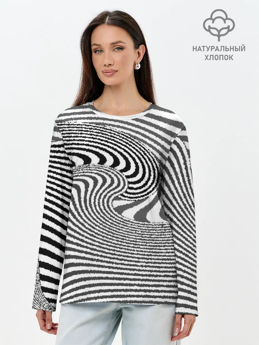 Лонгслив женский. Хлопок / Черно белый мозаичный узор