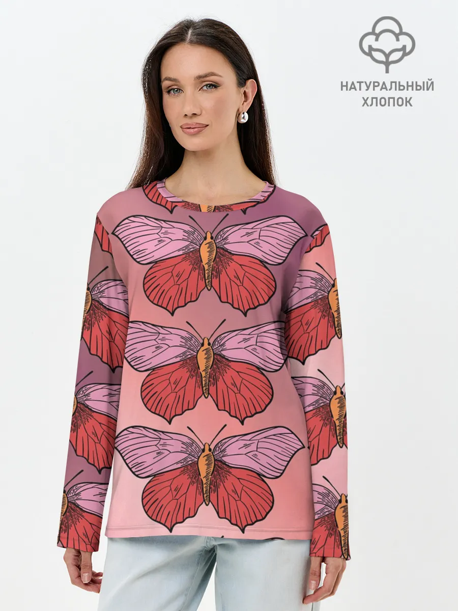 Лонгслив женский. Хлопок / Розовый принт с бабочками