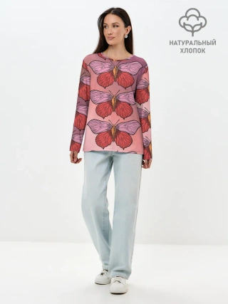 Лонгслив женский. Хлопок / Розовый принт с бабочками