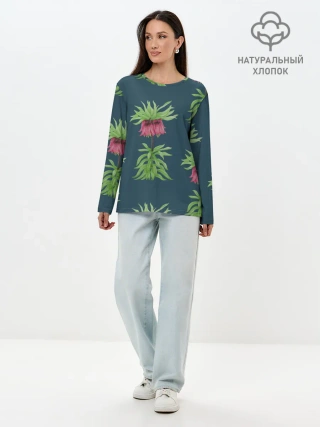 Лонгслив женский. Хлопок / Цветы рябчика на темном фоне