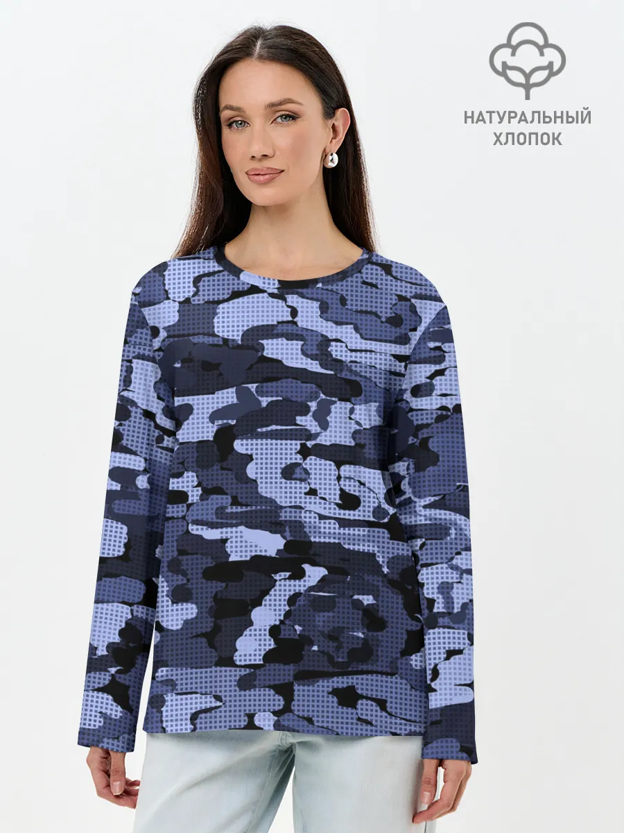 Лонгслив женский. Хлопок / Синий камуфляж в клетку