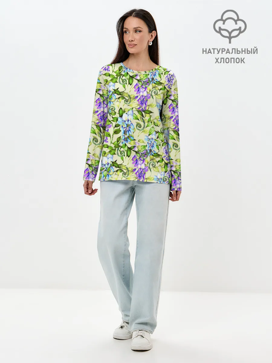 Лонгслив женский. Хлопок / Глициния на бежевом фоне