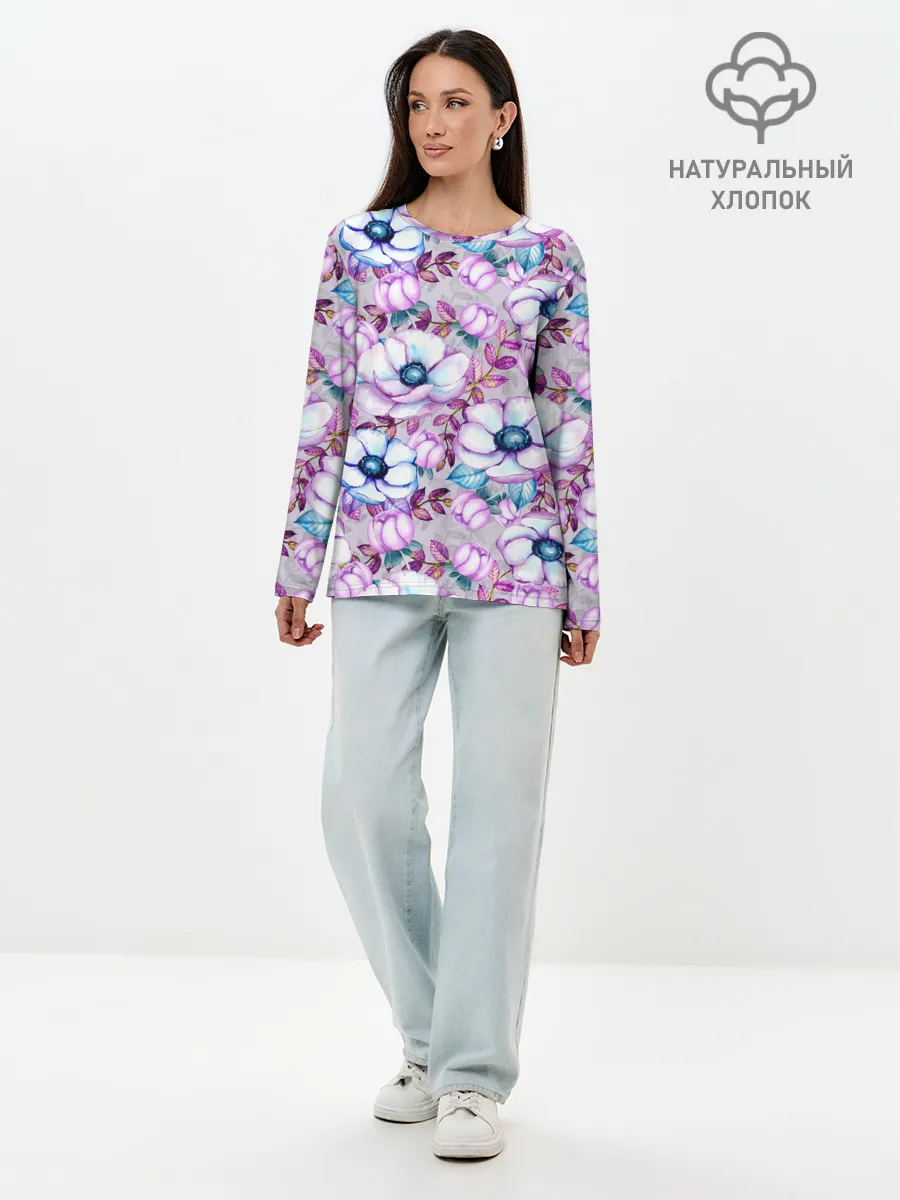 Лонгслив женский. Хлопок / Анемоны - цветочный ковер