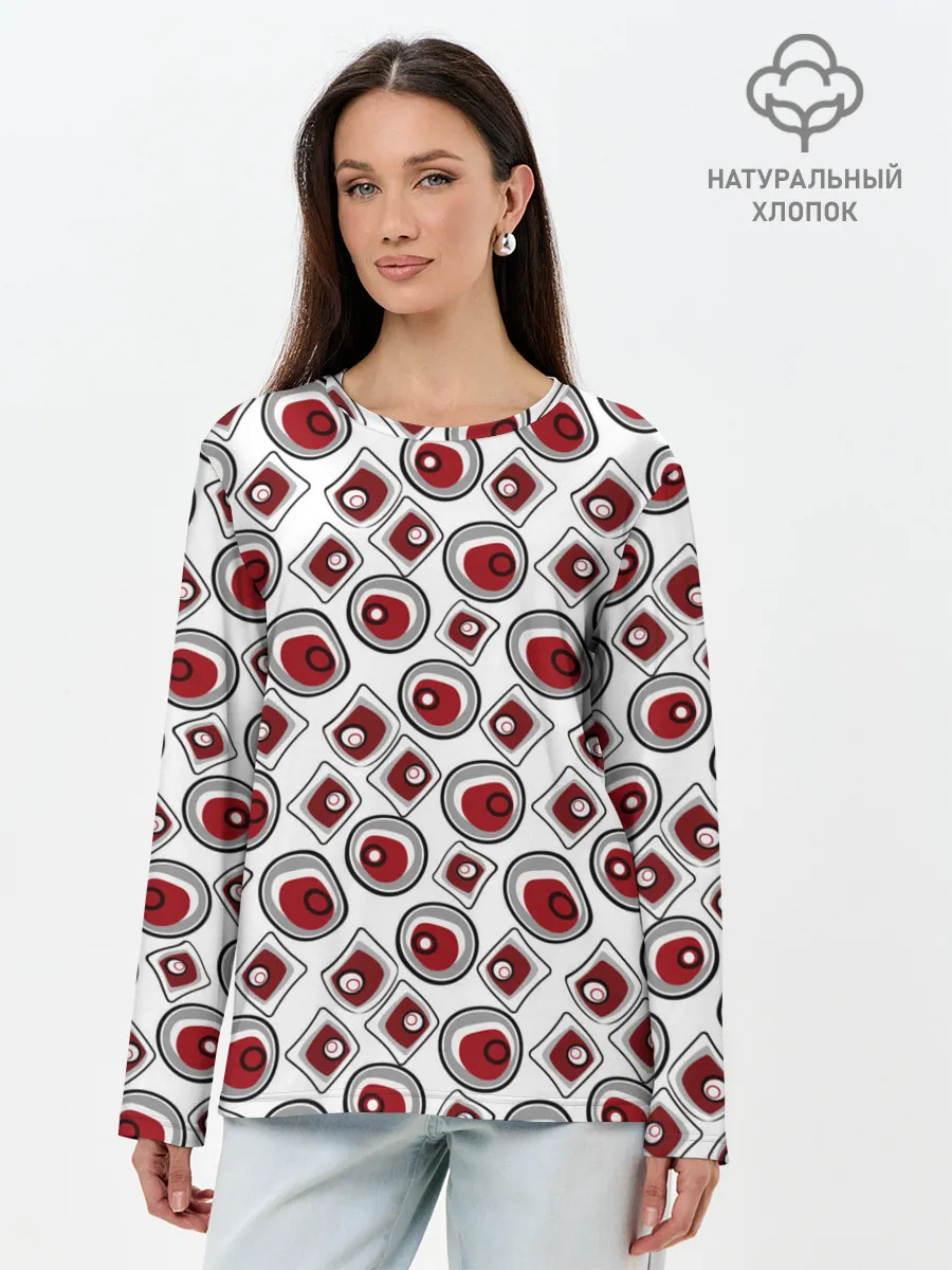 Лонгслив женский. Хлопок / Красно черный узор на белом