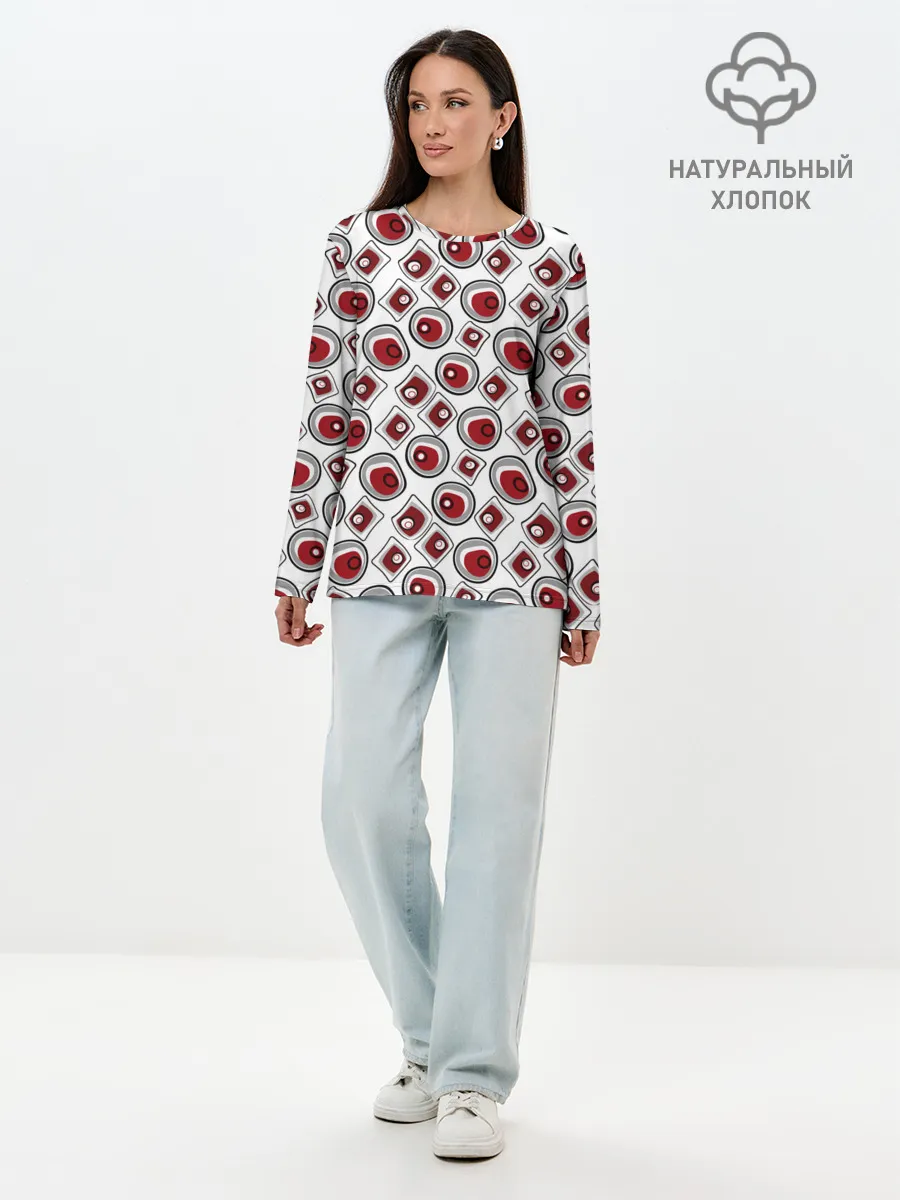 Лонгслив женский. Хлопок / Красно черный узор на белом