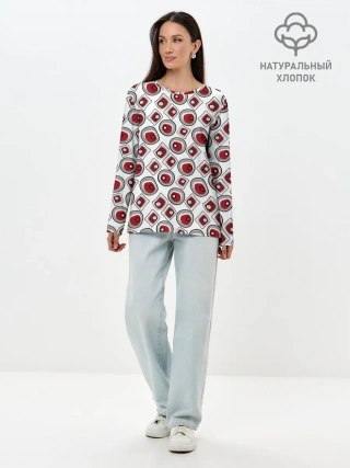 Лонгслив женский. Хлопок / Красно черный узор на белом