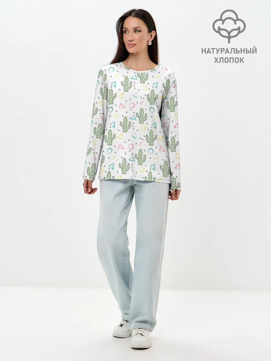 Лонгслив женский. Хлопок / Кактусы