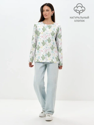 Лонгслив женский. Хлопок / Кактусы