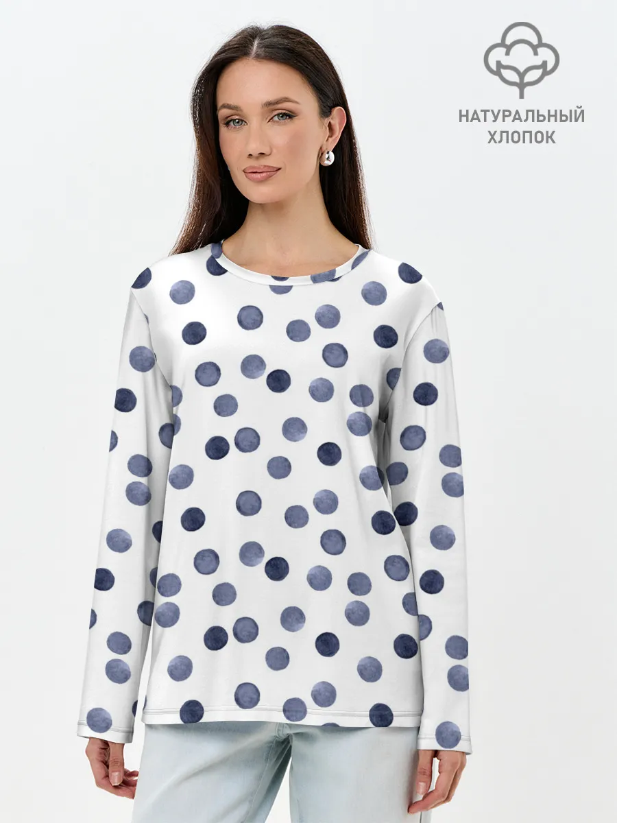 Лонгслив женский. Хлопок / Акварельный синий горох