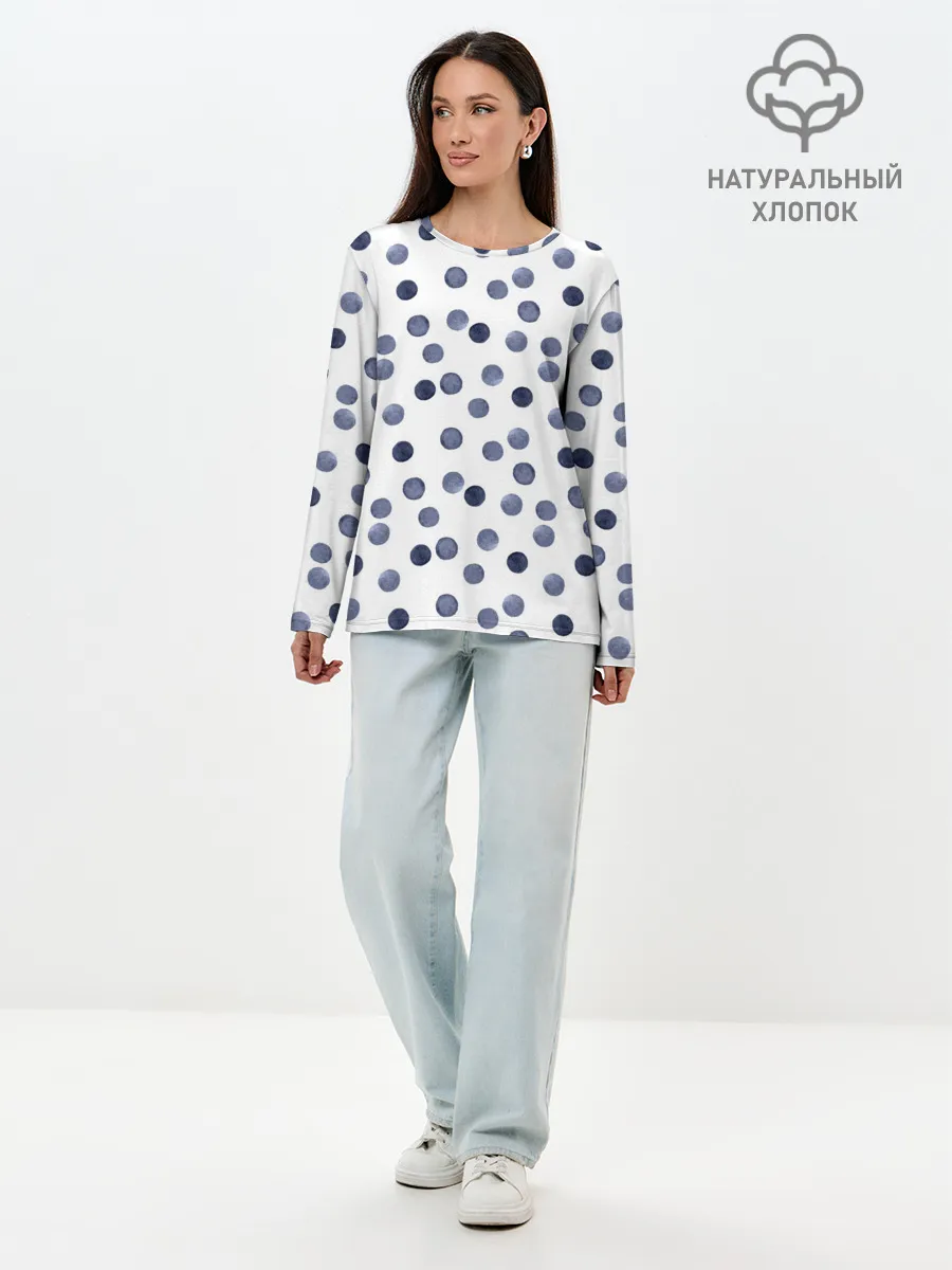 Лонгслив женский. Хлопок / Акварельный синий горох