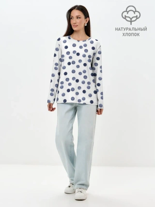 Лонгслив женский. Хлопок / Акварельный синий горох