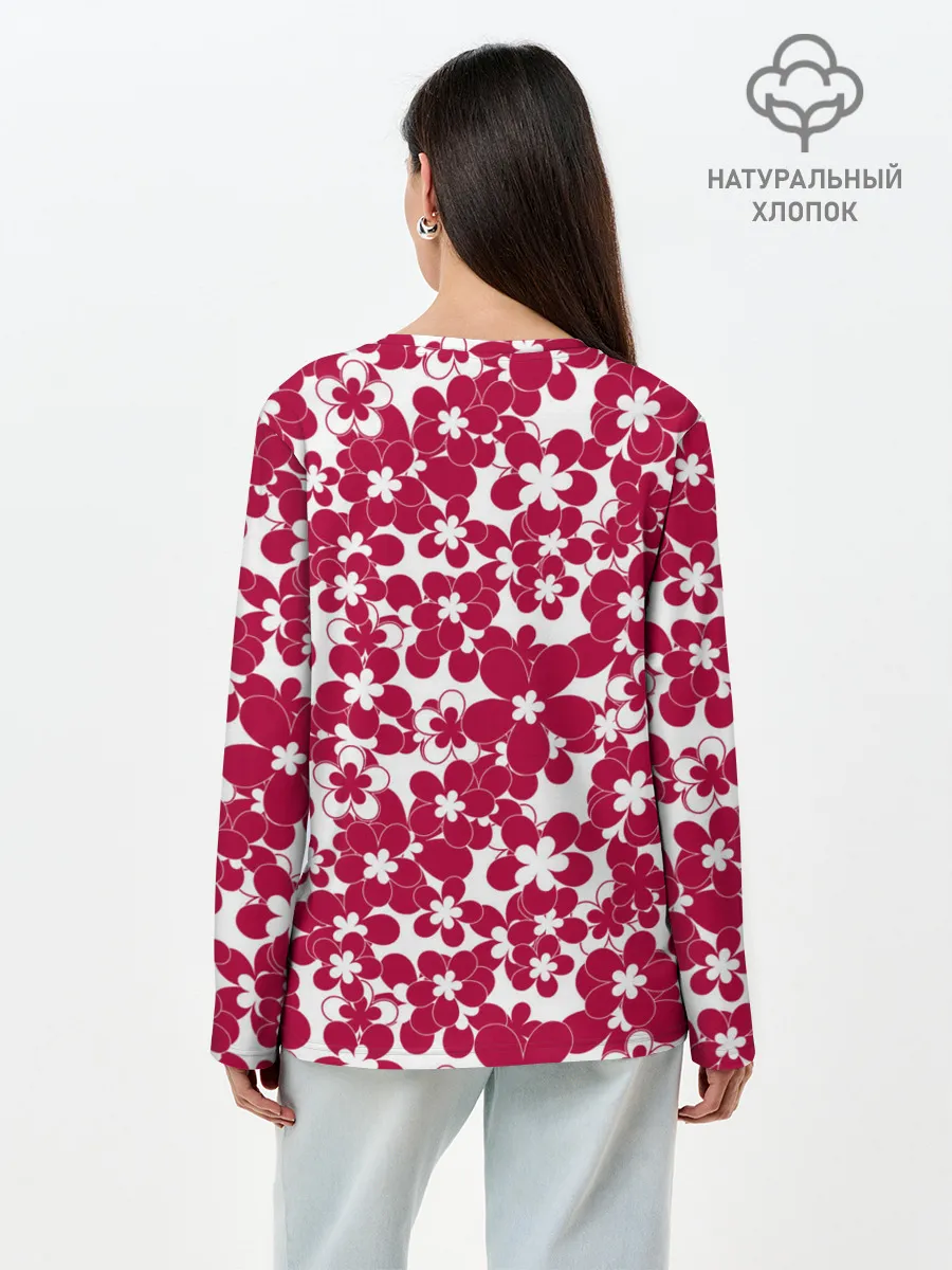 Лонгслив женский. Хлопок / Бело-красный цветочный