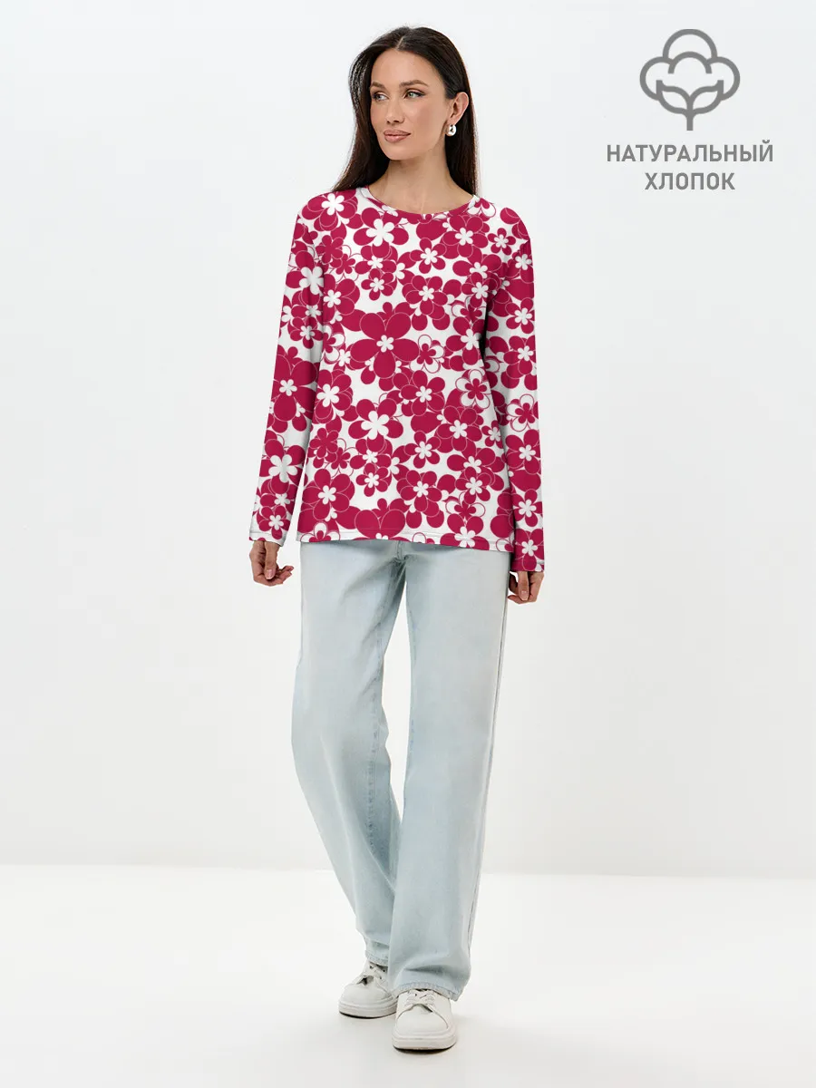Лонгслив женский. Хлопок / Бело-красный цветочный
