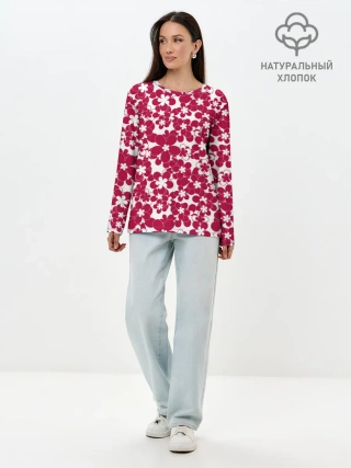 Лонгслив женский. Хлопок / Бело-красный цветочный