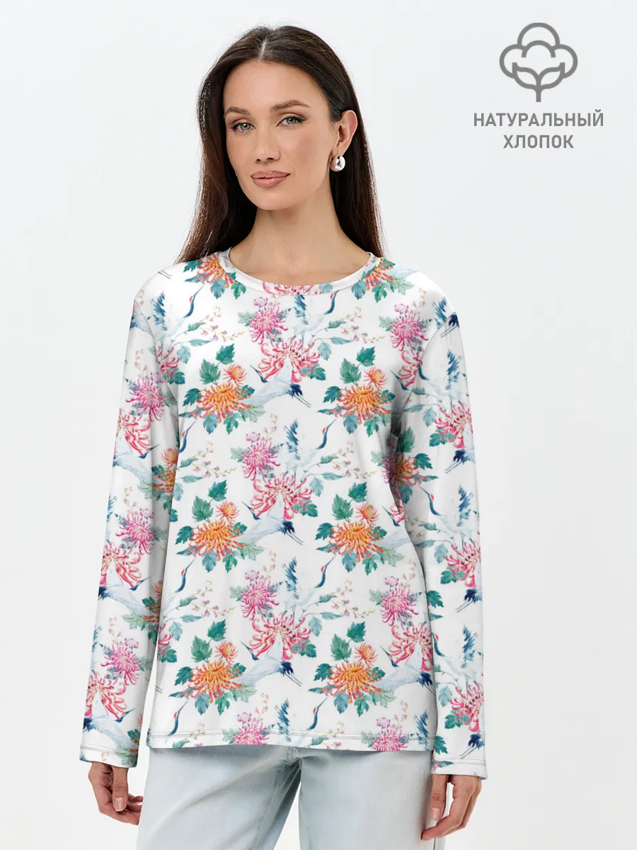 Лонгслив женский. Хлопок / Журавли и хризантемы