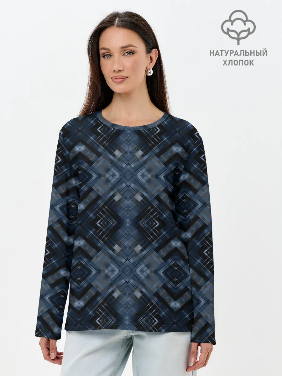 Лонгслив женский. Хлопок / Темный синий абстрактный узор