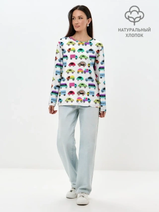Лонгслив женский. Хлопок / Веселые машинки