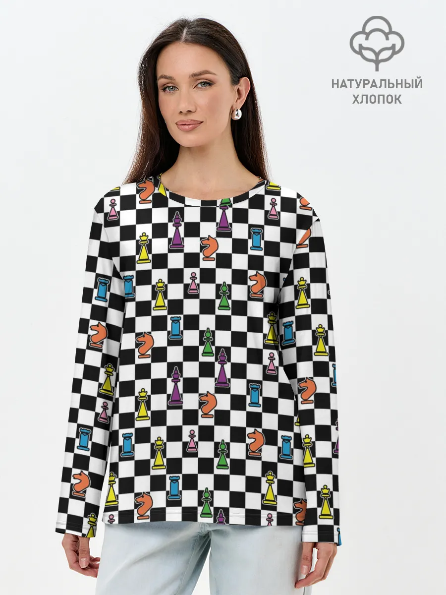 Лонгслив женский. Хлопок / Яркая шахматная доска