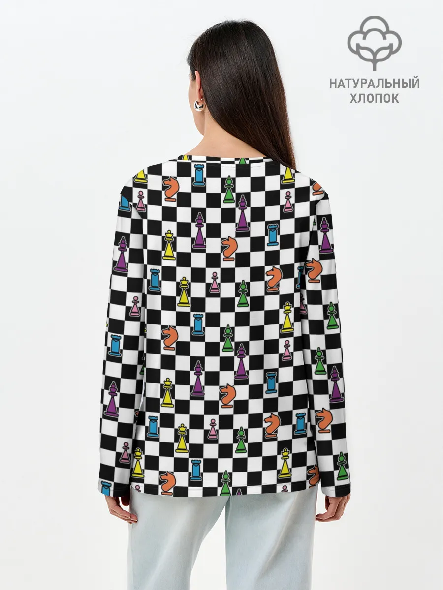 Лонгслив женский. Хлопок / Яркая шахматная доска