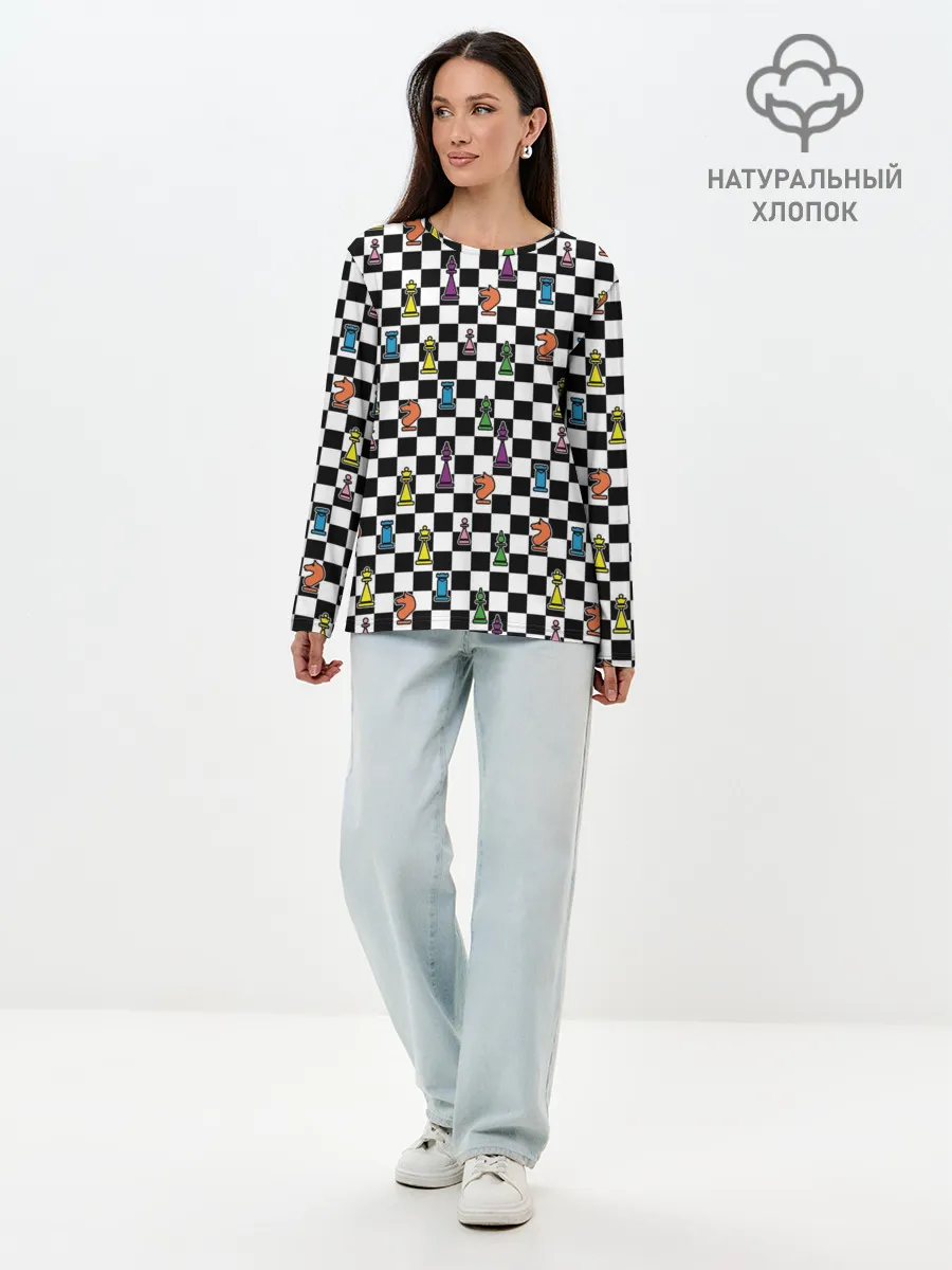 Лонгслив женский. Хлопок / Яркая шахматная доска