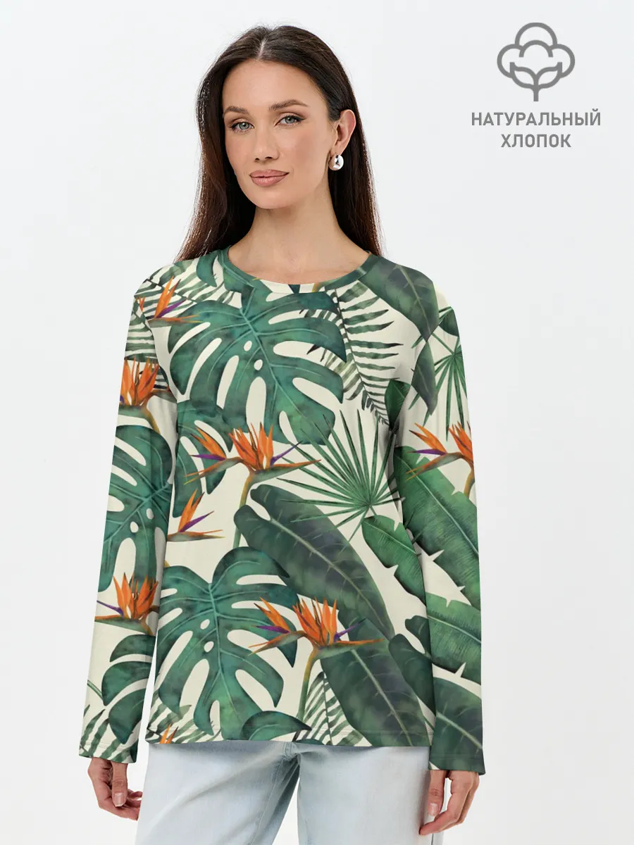 Лонгслив женский. Хлопок / Тропический паттерн
