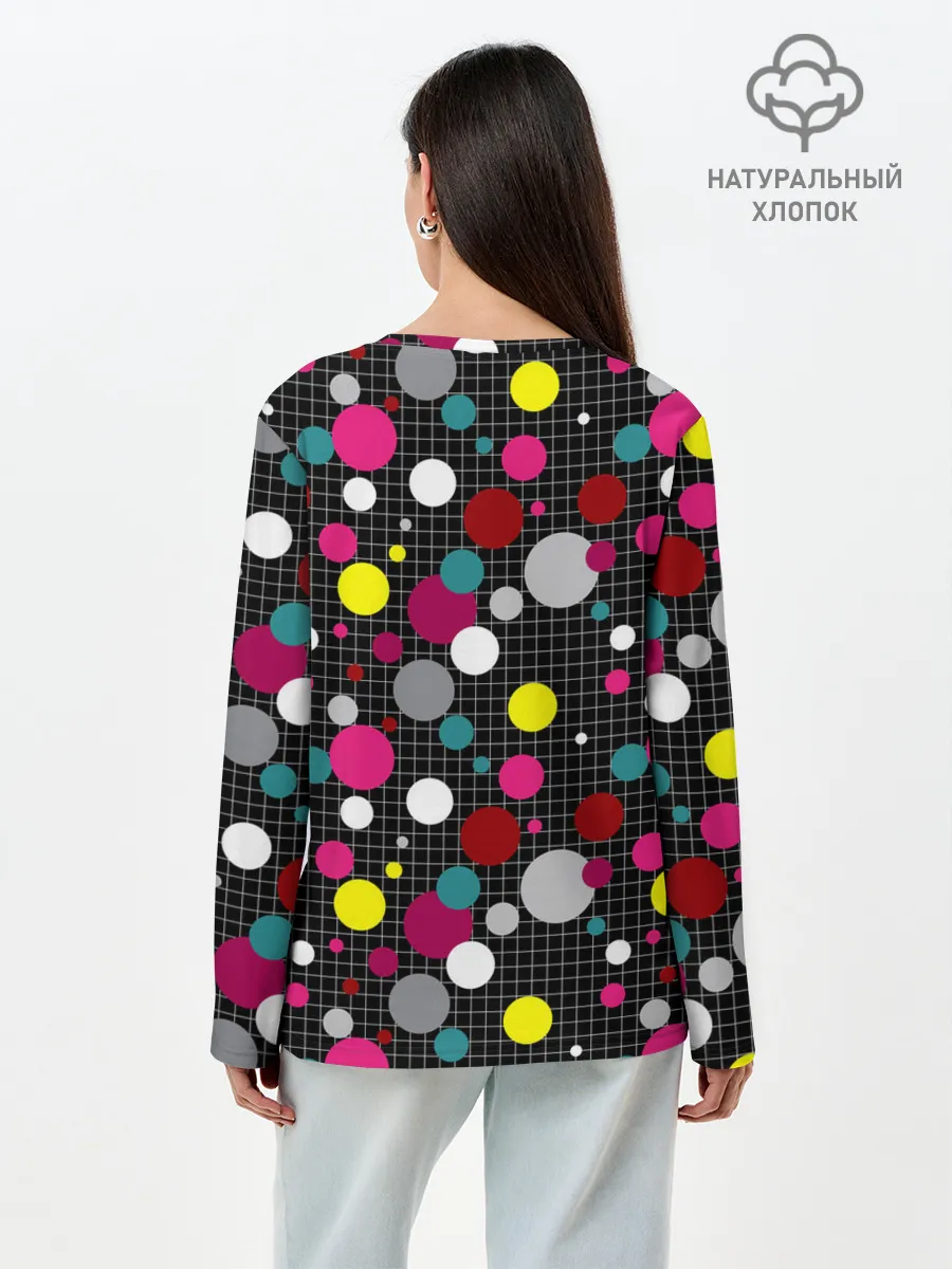 Лонгслив женский. Хлопок / Разноцветный горох на черном