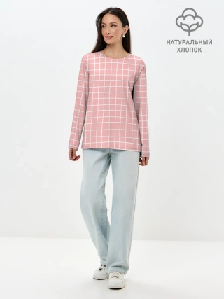 Лонгслив женский. Хлопок / Клетка волнистая