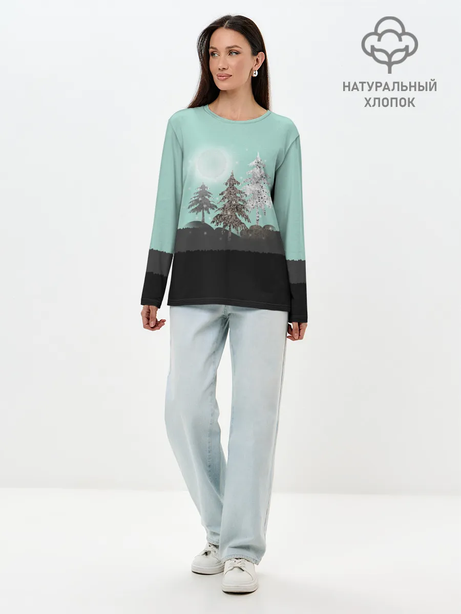 Лонгслив женский. Хлопок / Лес. Мозаичный узор