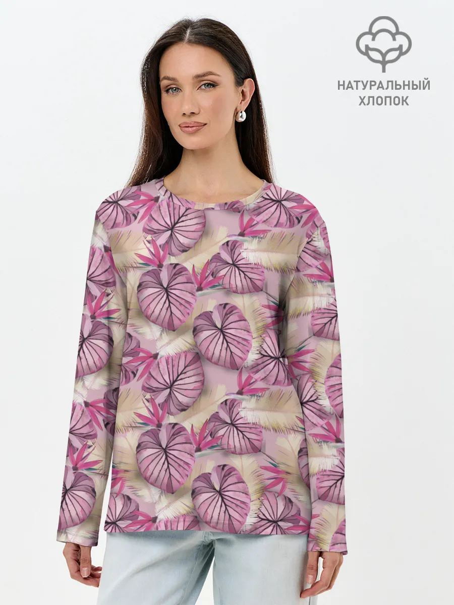 Лонгслив женский. Хлопок / Розовый тропический узор