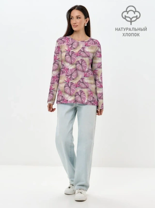 Лонгслив женский. Хлопок / Розовый тропический узор