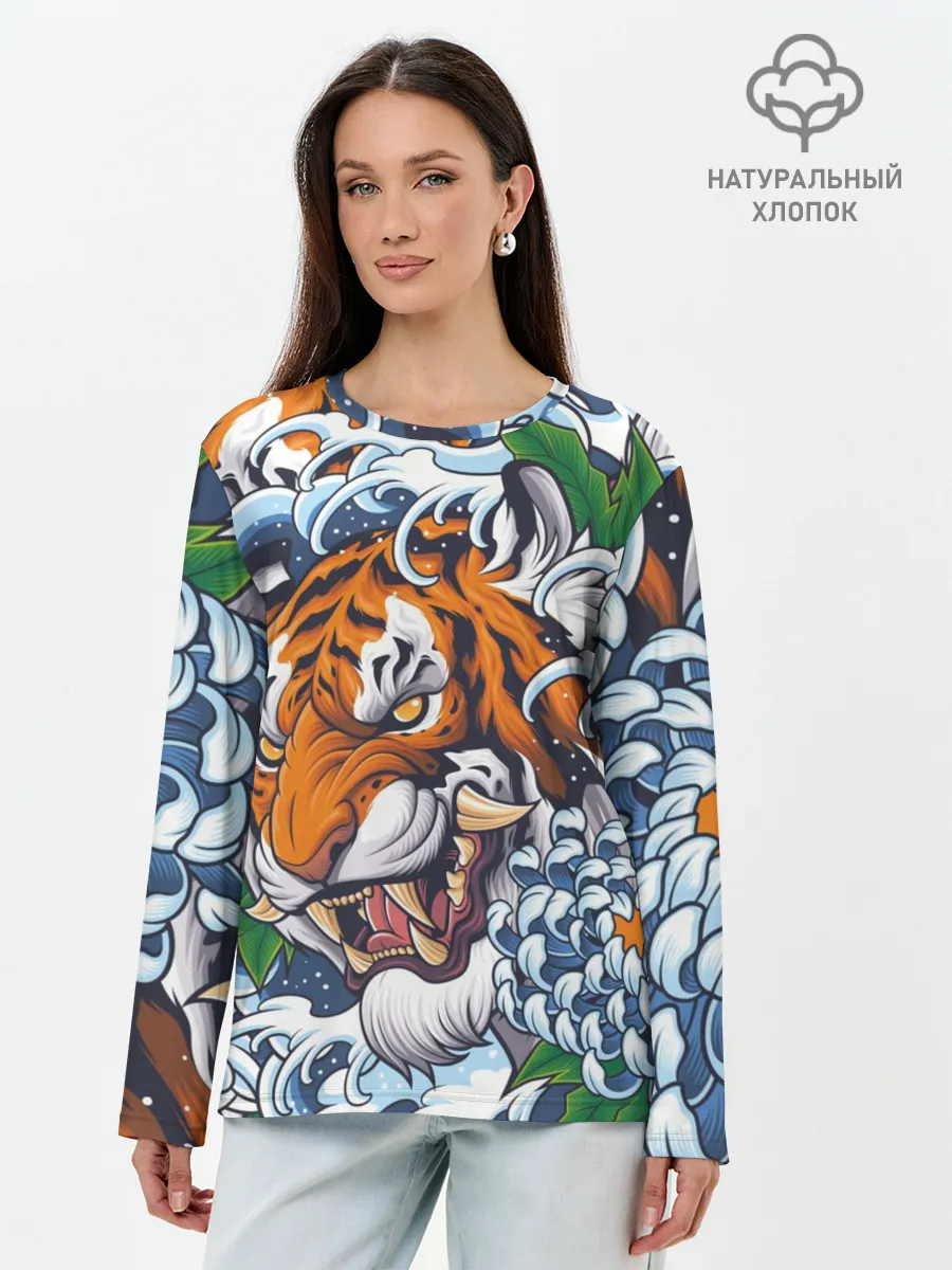 Лонгслив женский. Хлопок / Тигр