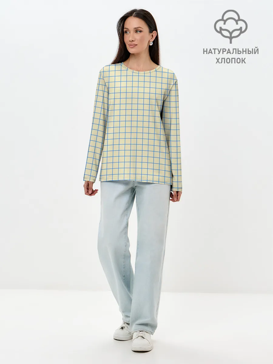 Лонгслив женский. Хлопок / Клетка Школьная тетрадка