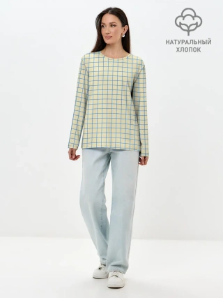 Лонгслив женский. Хлопок / Клетка Школьная тетрадка