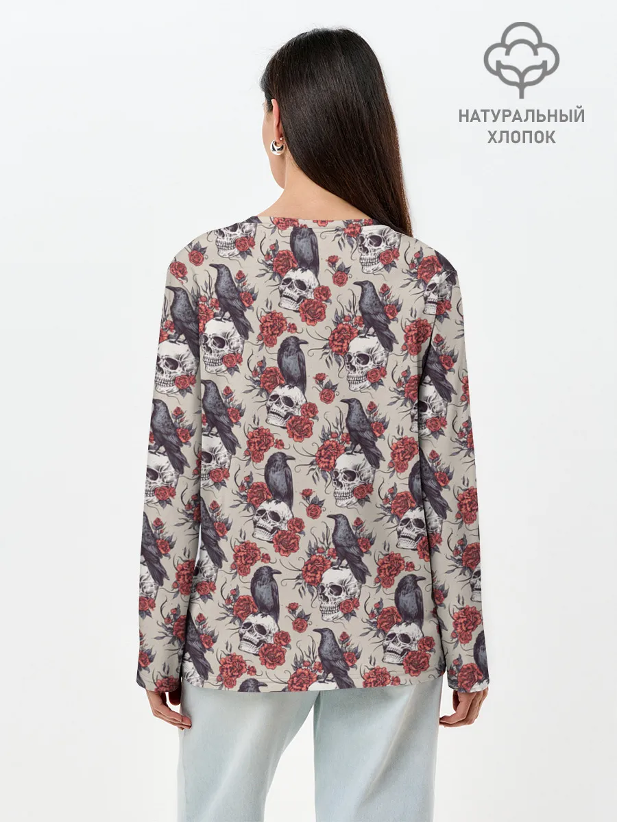 Лонгслив женский. Хлопок / Skull raven
