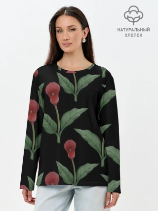 Лонгслив женский. Хлопок / Красные каллы на черном