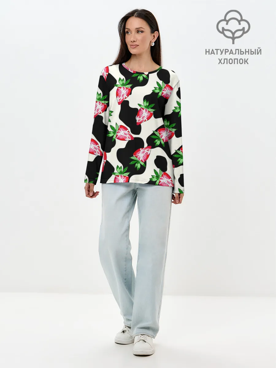 Лонгслив женский. Хлопок / Клубника на коровьей шкуре