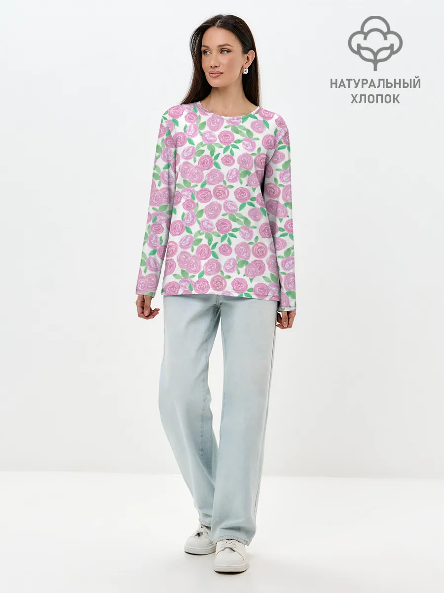 Лонгслив женский. Хлопок / Розовые акварельные розы