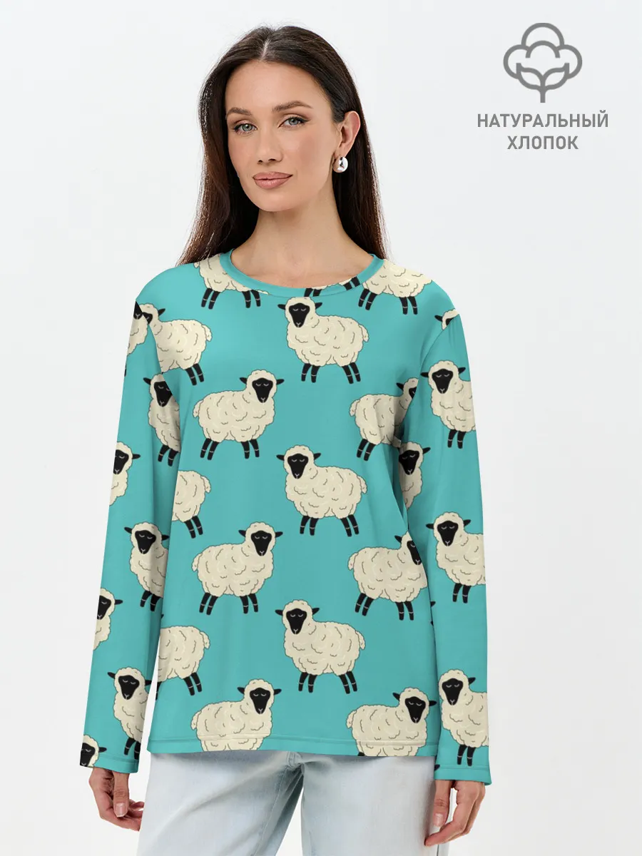 Лонгслив женский. Хлопок / Овечки паттерн на бирюзовом