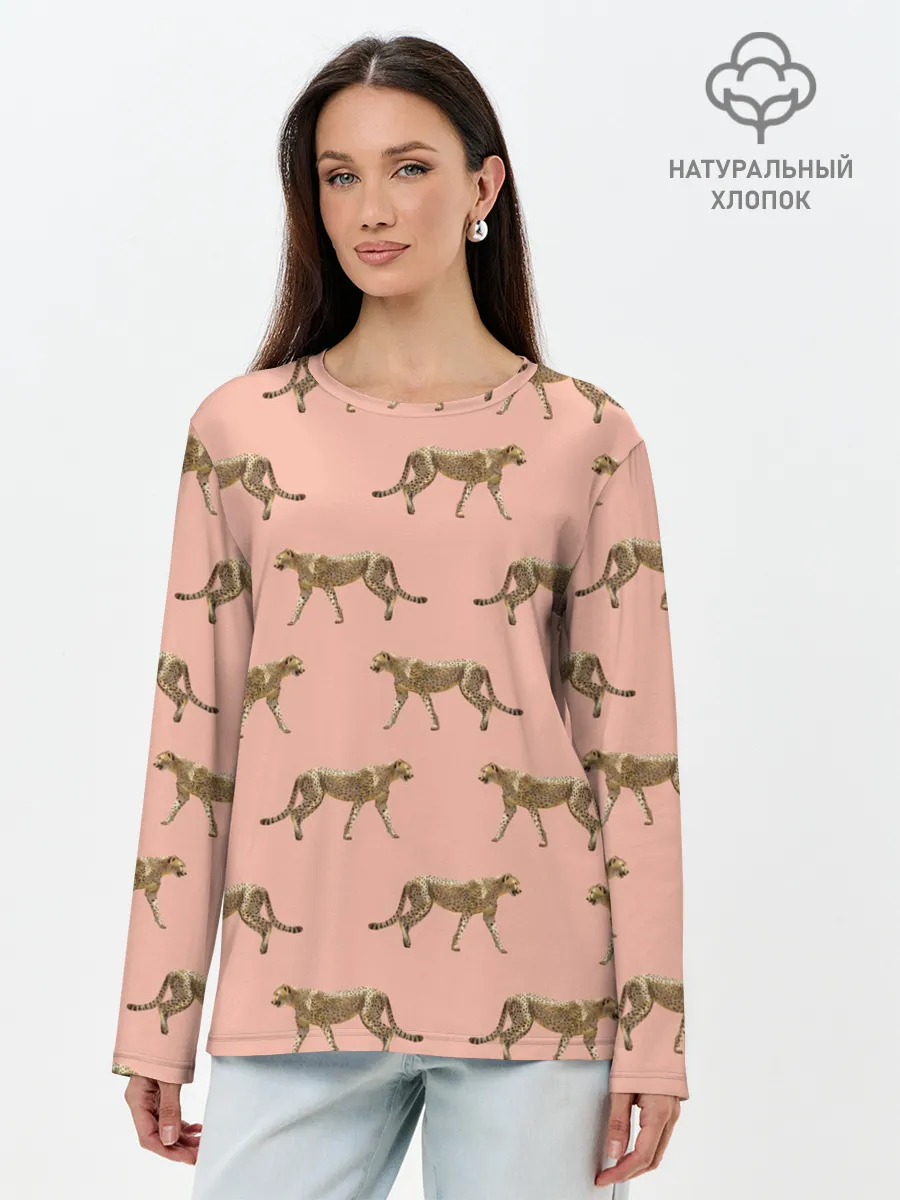Лонгслив женский. Хлопок / Гепарды на розовом